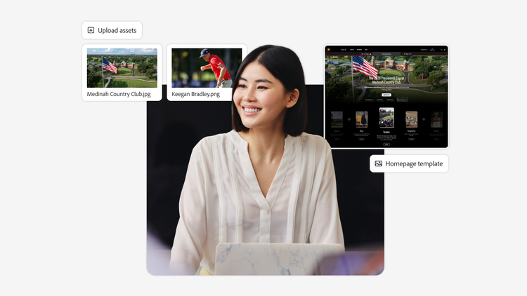A woman sitting at a laptop reviews a homepage template and two PGA TOUR assets to upload with Adobe business solutions.
