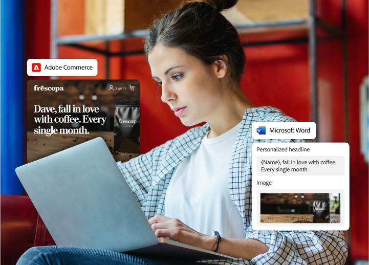 Marketer using Adobe Commerce and Microsoft Word to create personalized coffee ad