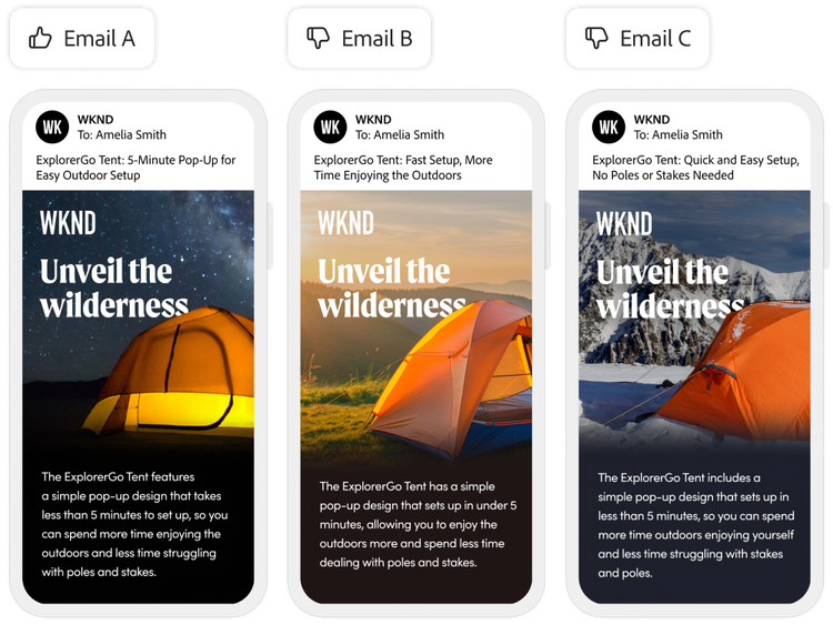 Three email design variations