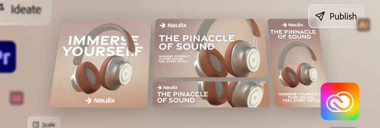 Animation demonstrates a user generating an image of headphones and creating multiple variations of an ad.
