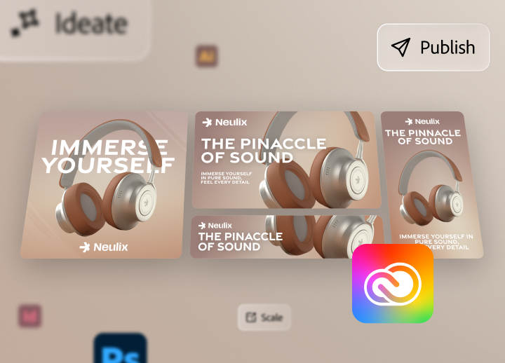 Animation demonstrates a user generating an image of headphones and creating multiple variations of an ad.
