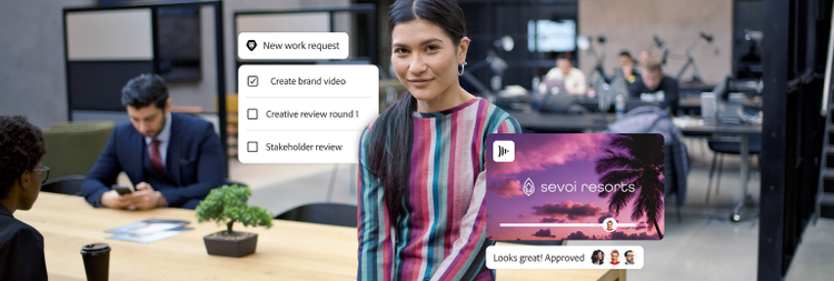 A marketer and a brand video being approved using online workflows.