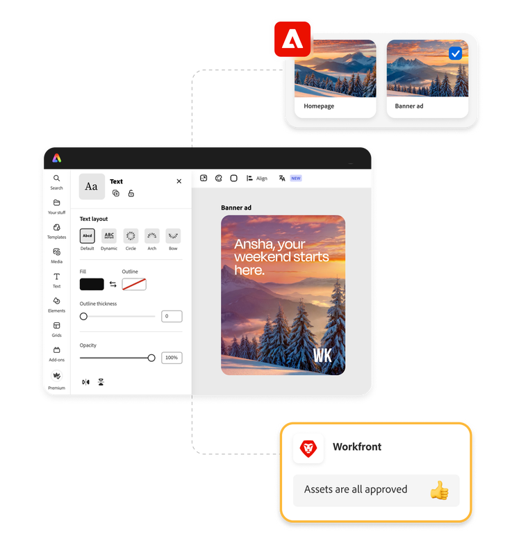 An image showing the content supply chain assets that are ready for approval, the Workfront approval notification, and the final advertising content asset mockup.