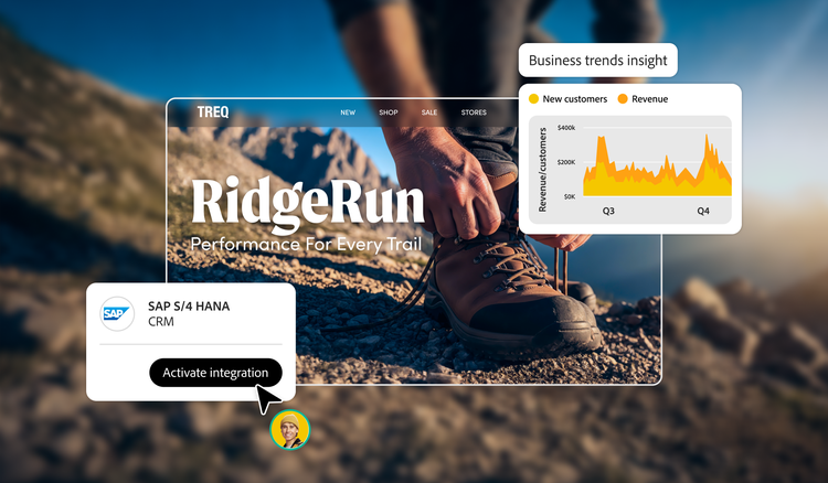 Ein Bild eines Wanderschuhs, der auf einem felsigen Pfad zugebunden wird, überlagert mit Business-UI-Karten zur SAP S/4 HANA CRM-Integration und einem Umsatz-Trenddiagramm.