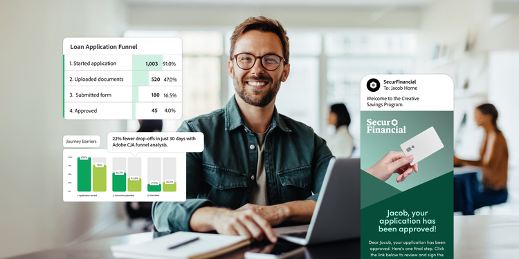 Ein Mann an einem Schreibtisch mit Laptop, umgeben von Overlays, die einen Kreditantragstrichter, Drop-off-Analyse und Validierungsbenachrichtigungen zeigen.