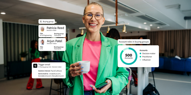 Ein B2B-Marketer, der die Rollen von Kundenunternehmen in Käufergruppen analysiert und die Trigger-E-Mail für Personas innerhalb der Käufergruppe mithilfe integrierter Adobe-Programme darauf abstimmt.