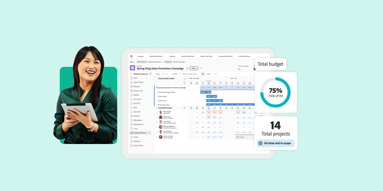 Lächelnde Frau mit einem Tablet neben einem Projektmanagement-Dashboard, das den Kampagnenfortschritt, 75 % des Budgets verbraucht und 14 pünktlich abgeschlossene Projekte anzeigt.