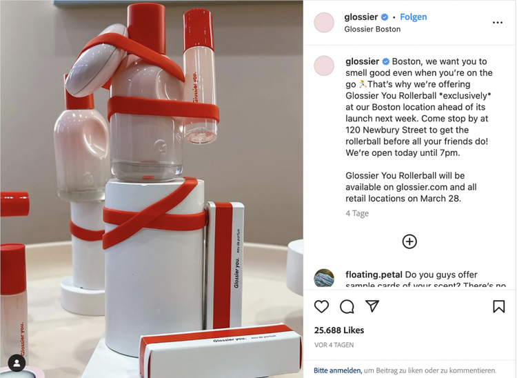 A screenshot of Glossier's Instagram post is shown as an example of their digital marketing strategy.