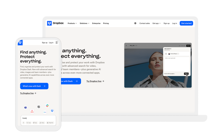 Adaptive Desktop- und Mobile-Ansichten der Dropbox-Website.