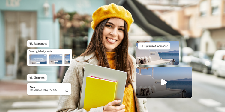 Eine Marketing-Fachfrau betrachtet digitale Overlays von Marketing-Content, die sich dynamisch an verschiedene Bildschirmformate anpassen.