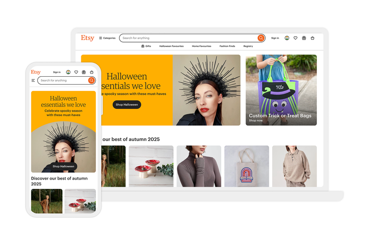 Adaptive Desktop- und Mobilansichten der Etsy-Website.