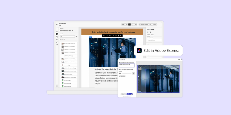 Laptop mit geöffnetem Anzeigen-Design, Button für die Bearbeitung in Adobe Express und Fenster zum Einfügen von Objekten.