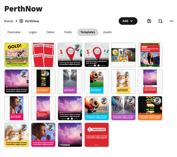 Mehrere Vorlagen mit Varianten, die in Adobe Firefly für die Marke „PerthNow“ entwickelt wurden.
