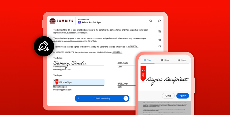 Benutzeroberflächen-Beispiel für Adobe Acrobat Sign mit seiner Signatur auf einem Kaufvertrag.