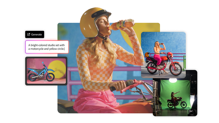 Eine Bildserie zeigt, wie Referenzbilder, die mit Adobe Firefly generativer KI erstellt wurden, letztendlich zu einem Fotoshooting mit einer Frau auf einem Motorrad führten.