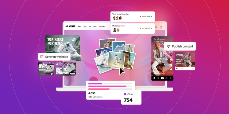 Laptop auf einem pinkfarbenen Hintergrund, überlagert mit Elementen einer Marketing-Kampagne, darunter Social-Media-Posts, Anzeigen und Analysen.