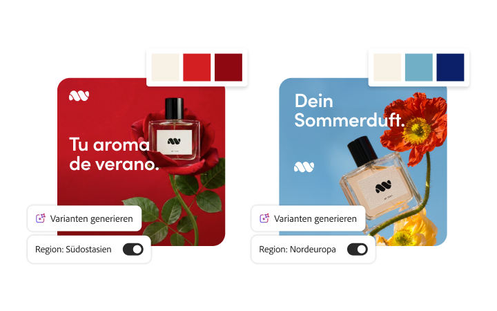 Derselbe Ad Creative, für zwei verschiedene regionale Märkte angepasst – mit warmen und kühlen Farbpaletten, aber gleichem Bildmaterial und gleicher Botschaft.