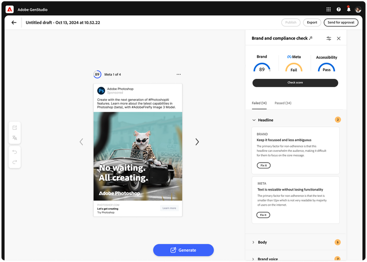 Anzeige aus Adobe GenStudio für Adobe Photoshop auf Meta mit Ergebnissen von Marken- und Compliance-Prüfungen rechts im Bildschirm.