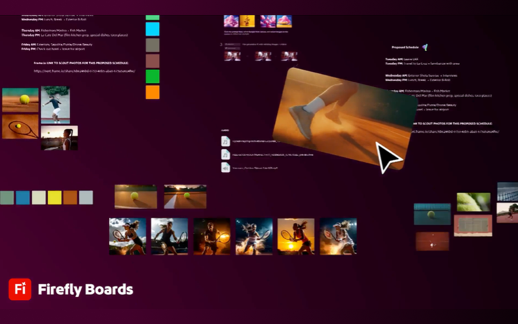 Illustration einer Multiplayer-Arbeitsfläche in Adobe Firefly Boards (Beta), die für die Zusammenarbeit in Echtzeit verwendet wird, um Stile und Konzepte zu erkunden.