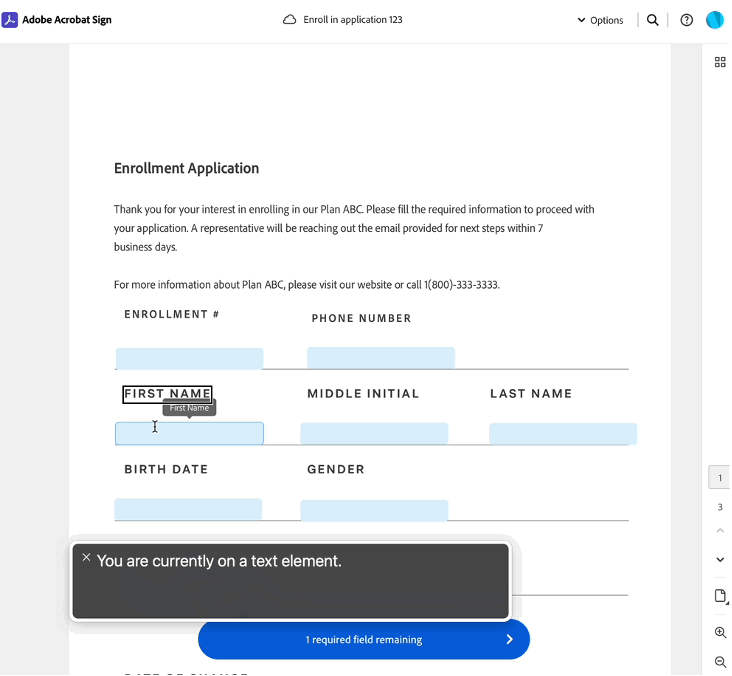 Animation, die zeigt, wie der Cursor bei Verwendung eines Bildschirm-Leseprogramms von einem Abschnitt oder Feld zum nächsten wechselt, sodass der Vertrag wie vom Absender vorgesehen gelesen bzw. ausgefüllt wird.