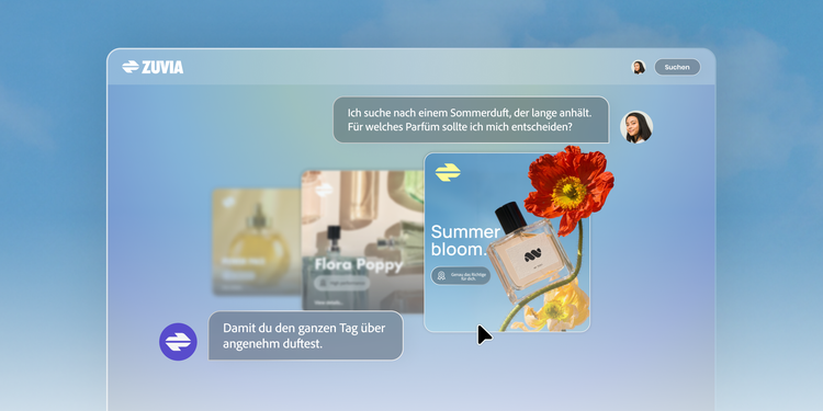 KI-gestützte Chat-Oberfläche, die zeigt, wie eine Person nach einer Produktempfehlung fragt und eine personalisierte Antwort erhält.