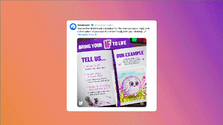 Animierte Oberflächenelemente von Adobe Firefly als Überlagerung eines Social-Media-Posts von Paramount neben einem Smartphone, auf dem durch Social Media gescrollt wird.