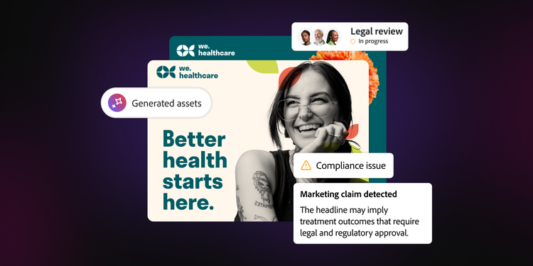 Eine KI-generierte Marketing-Grafik für das Gesundheitswesen mit markierten Compliance-Problemen in der rechtlichen Prüfung.