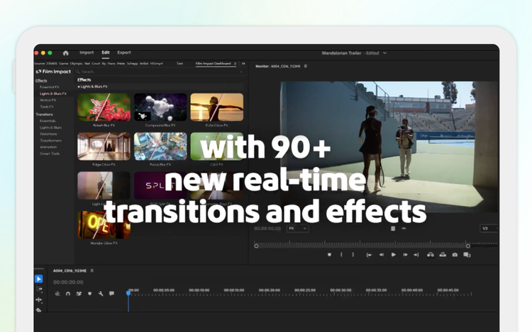 Illustration von über 90 neu veröffentlichten GPU-beschleunigten Übergängen und Effekten in Adobe Premiere Pro.