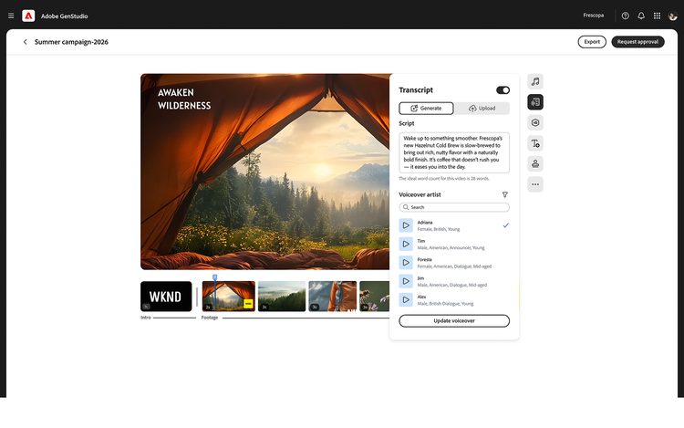 Screenshot des GenStudio Video-Editors mit einem kreativen Video, Formatoptionen, Asset-Steuerelementen und Bearbeitungstools auf dem Bildschirm.