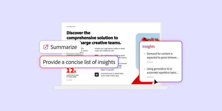 Illustration einer Laptop-Benutzeroberfläche mit Overlays von KI-Funktionen wie Zusammenfassen und dem Bereitstellen einer prägnanten Liste von Erkenntnissen.