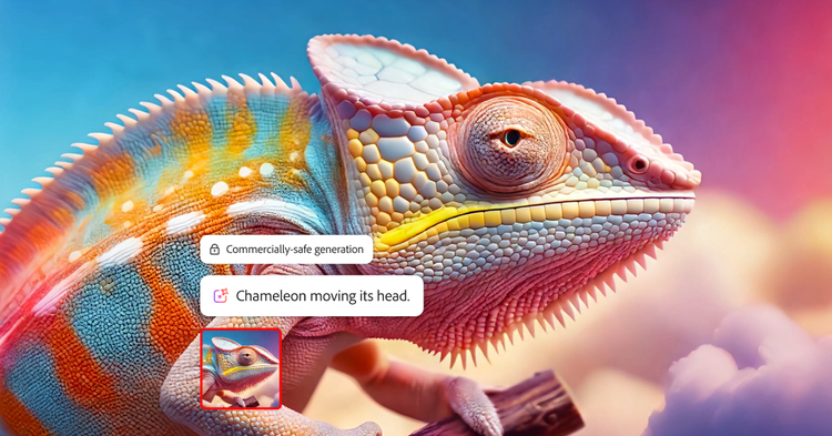 Durch Text-Prompt in Adobe Firefly generiertes, kommerziell nutzbares Bild eines Chamäleons, das den Kopf bewegt