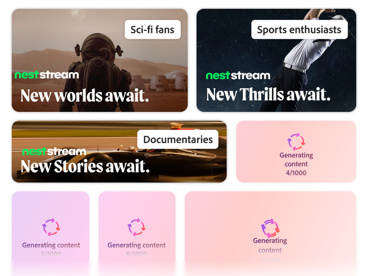 Eine Visualisierung, die den Einsatz der generativen KI-gestützten Lösungen von Adobe zur Skalierung der Content-Erstellung zeigt.