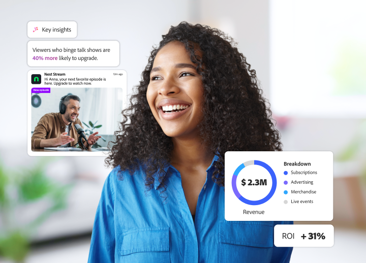 Person erhält personalisierte Streaming-Insights und Upgrade-Angebote – gestützt auf Adobes Echtzeitdaten und KI-basierte Empfehlungen.