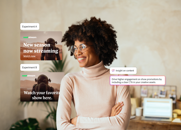 Lächelnde Marketing-Fachperson neben A/B-Test-Bannern für Streaming-Promos, die den Einfluss des CTAs auf die Zuschauerinteraktion hervorheben.