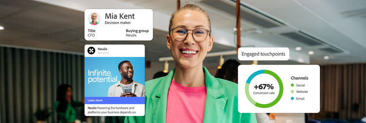 Dashboard von Adobe Customer Journey Analytics B2B Edition mit Account-Kennzahlen und Trend-Diagrammen.