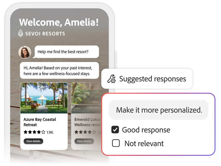 Mobile-Oberfläche mit personalisierten Reiseempfehlungen für Lucas mit Iberian & Mediterranean Odyssey und Rückmeldung-Kommentaren von Team-Mitgliedern.