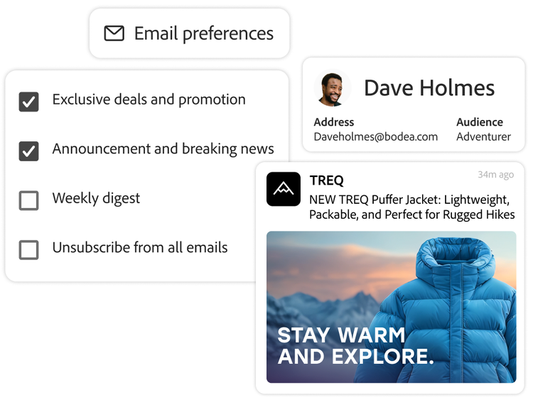 Digitales Dashboard mit einheitlichem Profil, Kanalschaltern und Cursor, der auf Segment-Aktivierung für Elliana Perez zeigt.