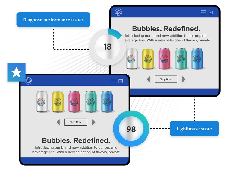 Vorher- und Nachher-Version einer Getränke-Website, die aktualisiert wurde, damit sie höhere Google-Lighthouse-Scores erhält.