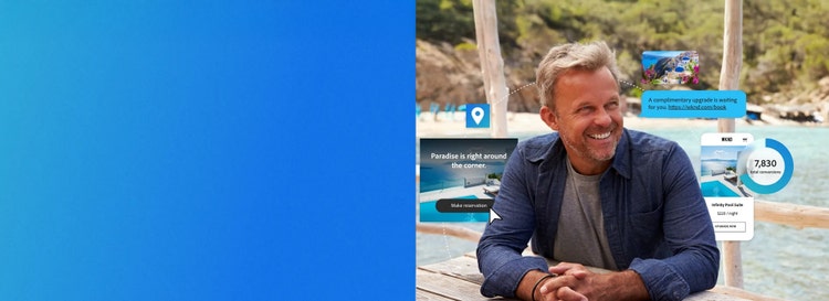 Ein Kunde im Urlaub, umgeben von personalisierten Promotions und einem Screenshot zu Conversion-Ergebnissen.