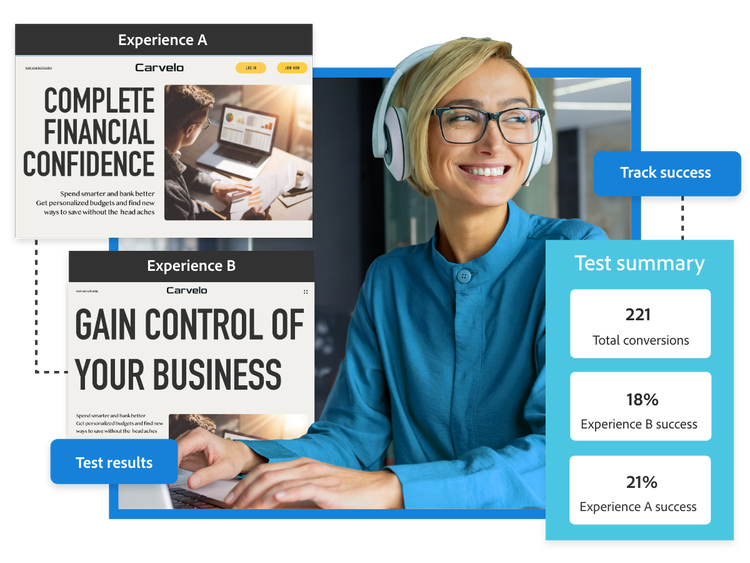 Zwei Varianten einer Website eines Finanzdienstleisters, die getestet werden, plus Zusammenfassung der Testergebnisse.
