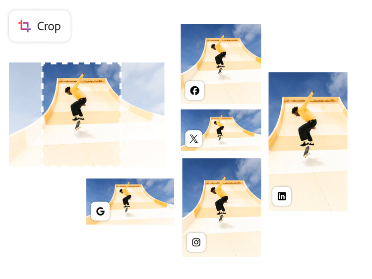 Eine Gruppe von Bildern, die alle das Motiv eines Skateboarders auf einer Rampe zeigen, jedoch unterschiedlich zugeschnitten sind und verschiedene Fokusbereiche für bestimmte Social-Media-Plattformen wie Facebook und Instagram aufweisen und mit dem Freistellung-Werkzeug von Firefly bearbeitet werden.