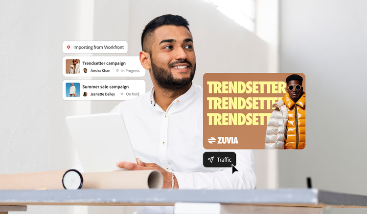 Marketing-Fachkraft verwaltet einen kollaborativen Kampagnen-Workflow mit mehreren Aufgaben.