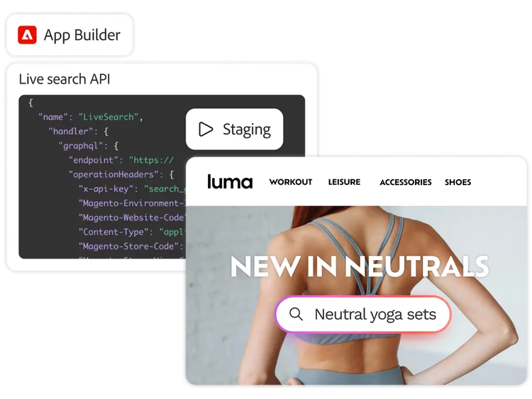 Eine Live-Suchfunktion, die mithilfe einer API in App Builder zu einer Website für Freizeitbekleidung hinzugefügt wird