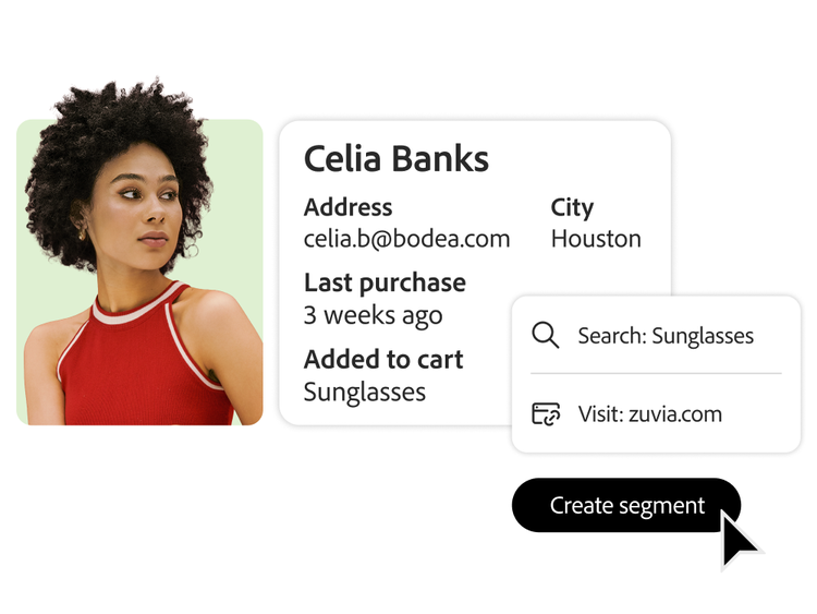Marketing-Benutzeroberfläche zeigt Celias Profil und Aktivität; Sonnenbrille zum Warenkorb hinzugefügt, Segment-Erstellung läuft.