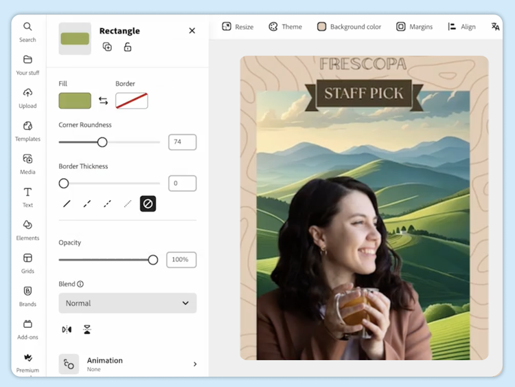 Adobe Express-Benutzeroberfläche mit dem Bild einer Frau, die eine Kaffeetasse hält, überlagert auf einem Bild mit einer sanften Hügellandschaft.