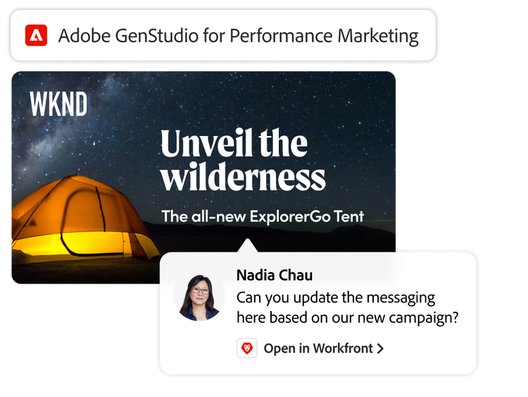 Der Arbeitsbereich von GenStudio for Performance Marketing mit einer neuen Anzeige und einem Workfront-Kommentar zum aktualisierten Kampagnenzugriff.