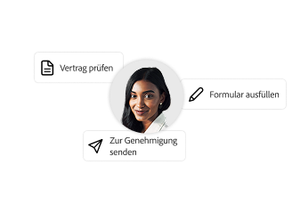 Foto einer Frau mit Textfeldern: „Vertrag prüfen“, „Formular ausfüllen“, „Zur Genehmigung senden“