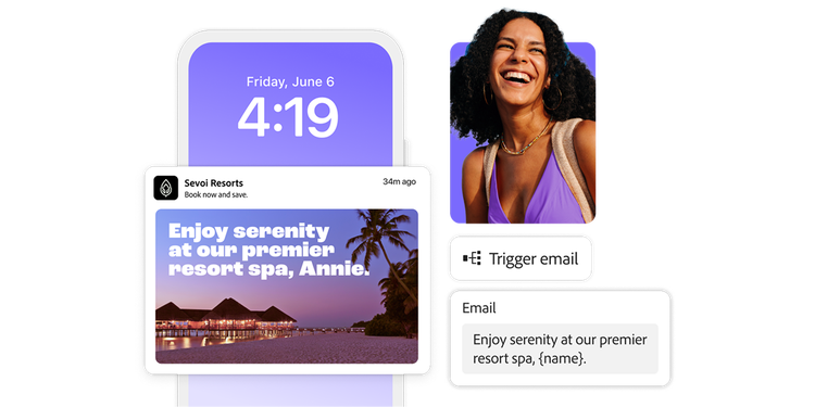 Personalisierte Marketing-Mitteilung von Sevoi Resorts auf einem Smartphone-Display, mit einem Spa-Angebot für „Annie“, Automatisierungs-Einstellungen und einer lächelnden Frau in einem lila Kleid.
