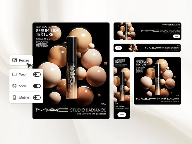 Varianten von Estée Lauder-Bildanzeigen für MAC Studio Radiance, deren Größe mithilfe von generativer KI für die plattformübergreifende Nutzung in sozialen Medien angepasst wurde.