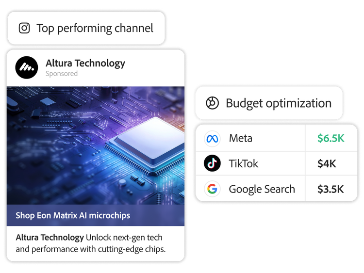 Budget optimization insights show top-performing ad channels.